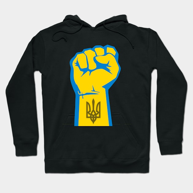 Peace for Ukraine! I Stand With Ukraine. Powerful Freedom, Fist in Ukraine's National Colors of Blue and Gold (Yellow) and Ukraine's Coat of Arms on the Wrist on a Dark Background Hoodie by Puff Sumo